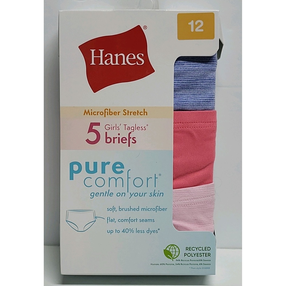 New Hanes Girls SIZE 12 Pure Comfort Microfiber Briefs Panties 5 Pack Underwear